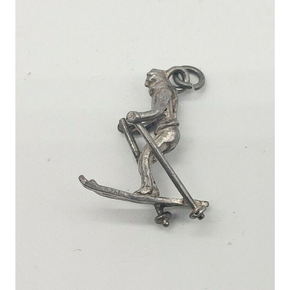 Vintage Ski Sterling Silver 925 Charm Skier Pendant Large 3D Figural Skiing